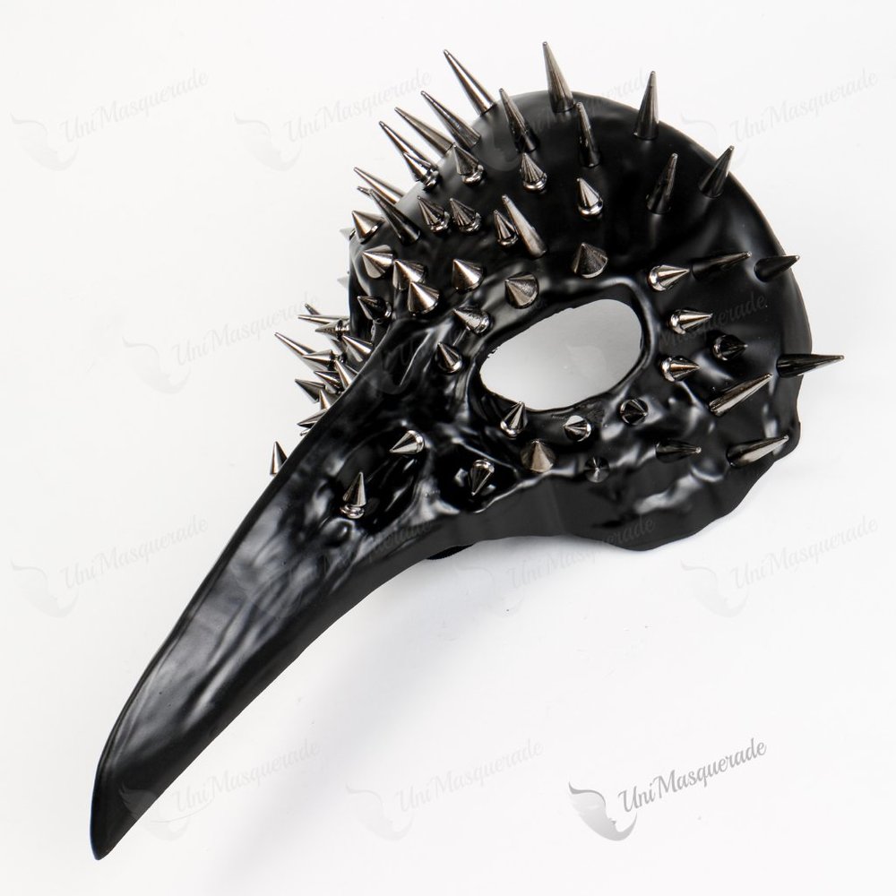 Steampunk Raven Skull Plague doctor Bird With Silver Spikes Halloween Black Mask